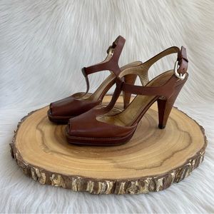 Prada Brown Leather T-Strap Peep Toe Heels